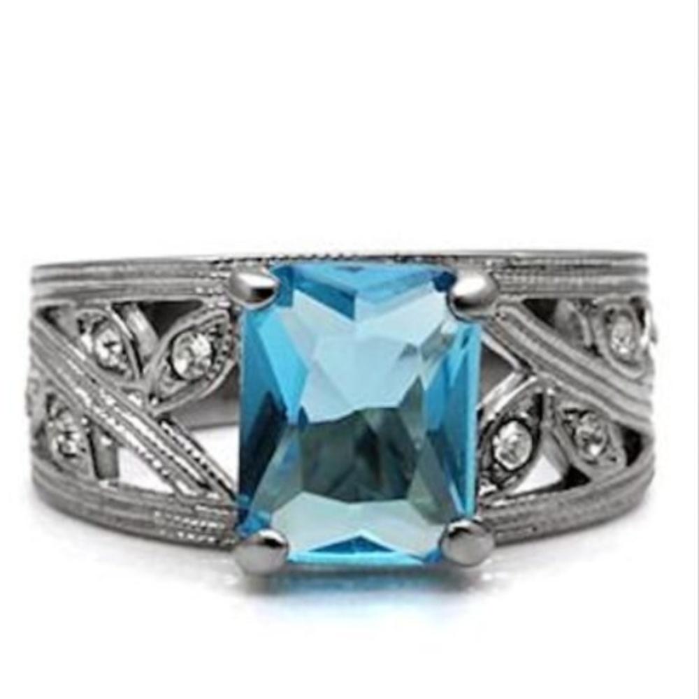 Silver Rhodium Plated Blue Topaz Cocktail Ring Size 9 PrincessCut Cubic Zirconia